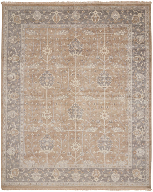 Beige oriental rug with a gray-blue border and ivory floral motifs in a vintage distressed Persian-inspired pattern.