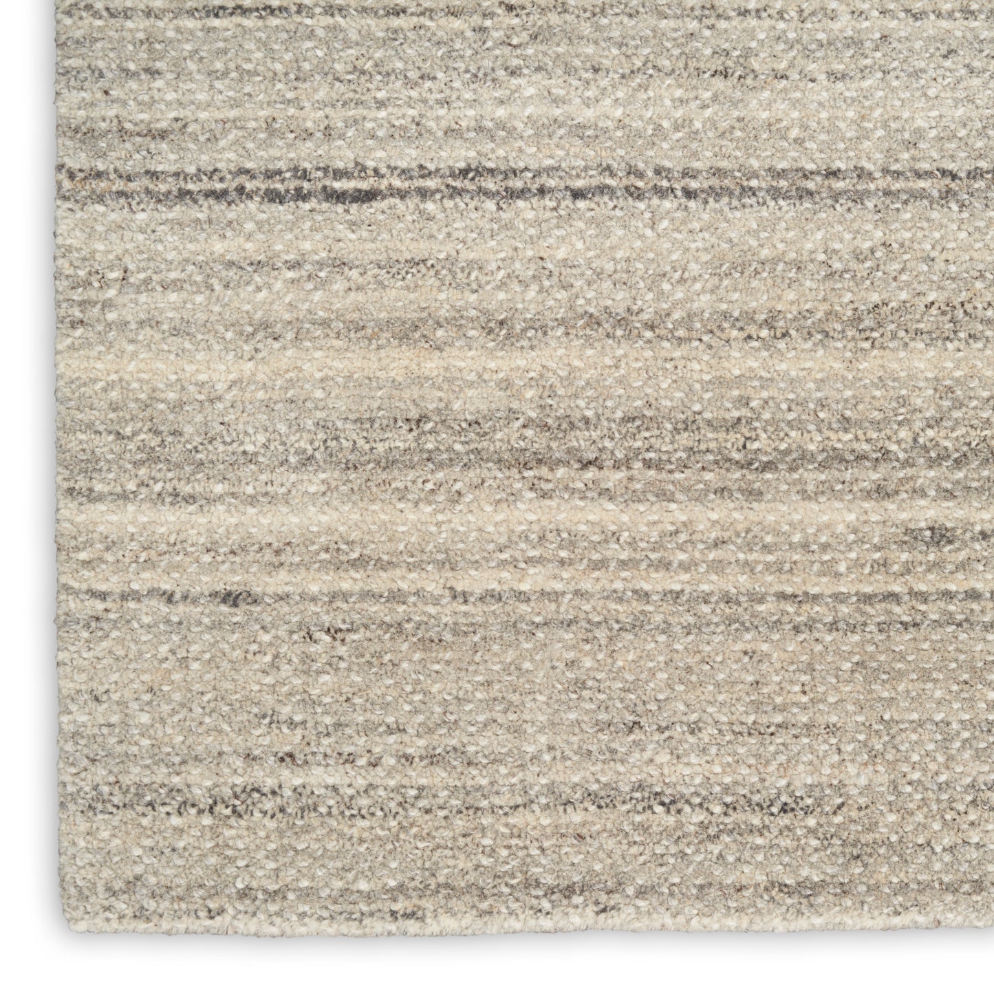 Beige striped textured area rug with soft boucle loops in taupe-gray tones for a cozy modern floor covering.