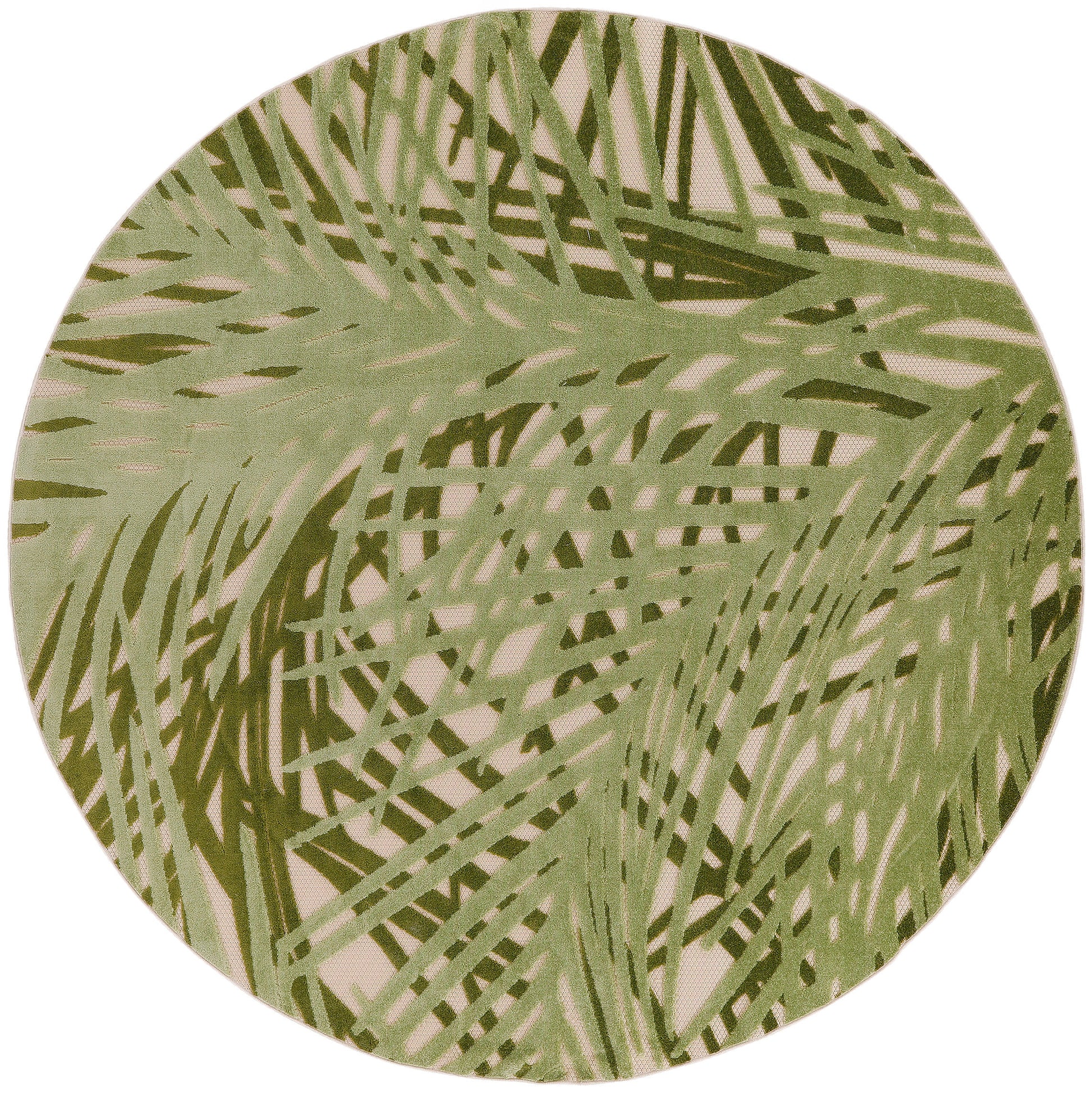 Round rug with sage and olive palm-leaf pattern on beige background; tropical, contemporary decor.