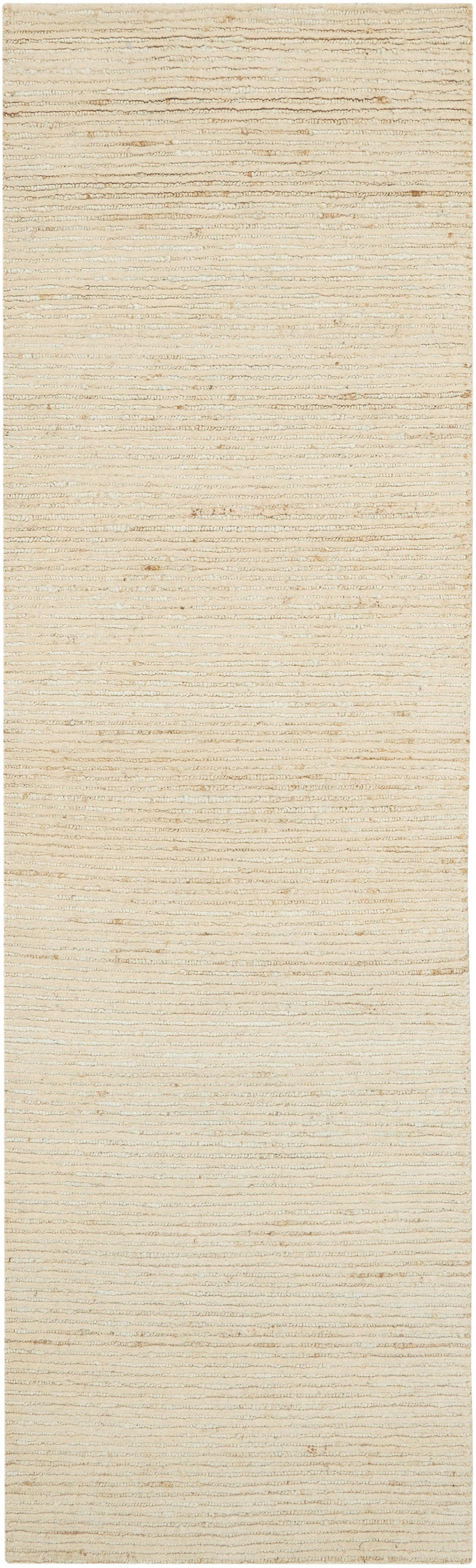 Neutral beige textured runner rug with subtle cream and tan horizontal stripes.