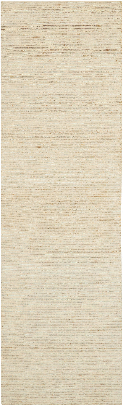 Neutral beige textured runner rug with subtle cream and tan horizontal stripes.