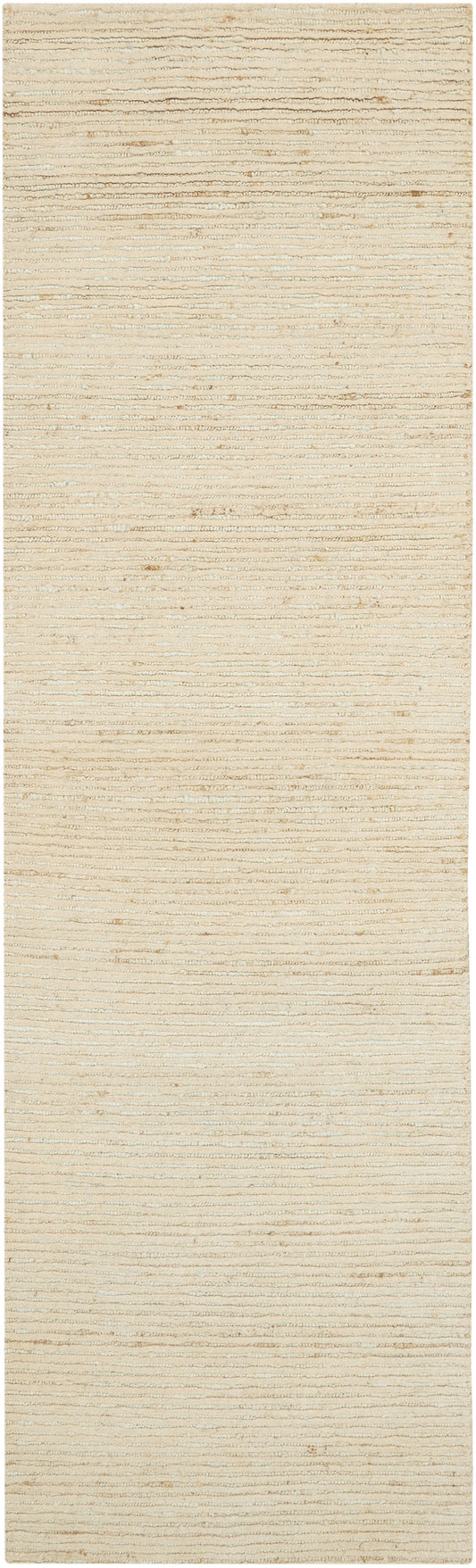 Neutral beige textured runner rug with subtle cream and tan horizontal stripes.