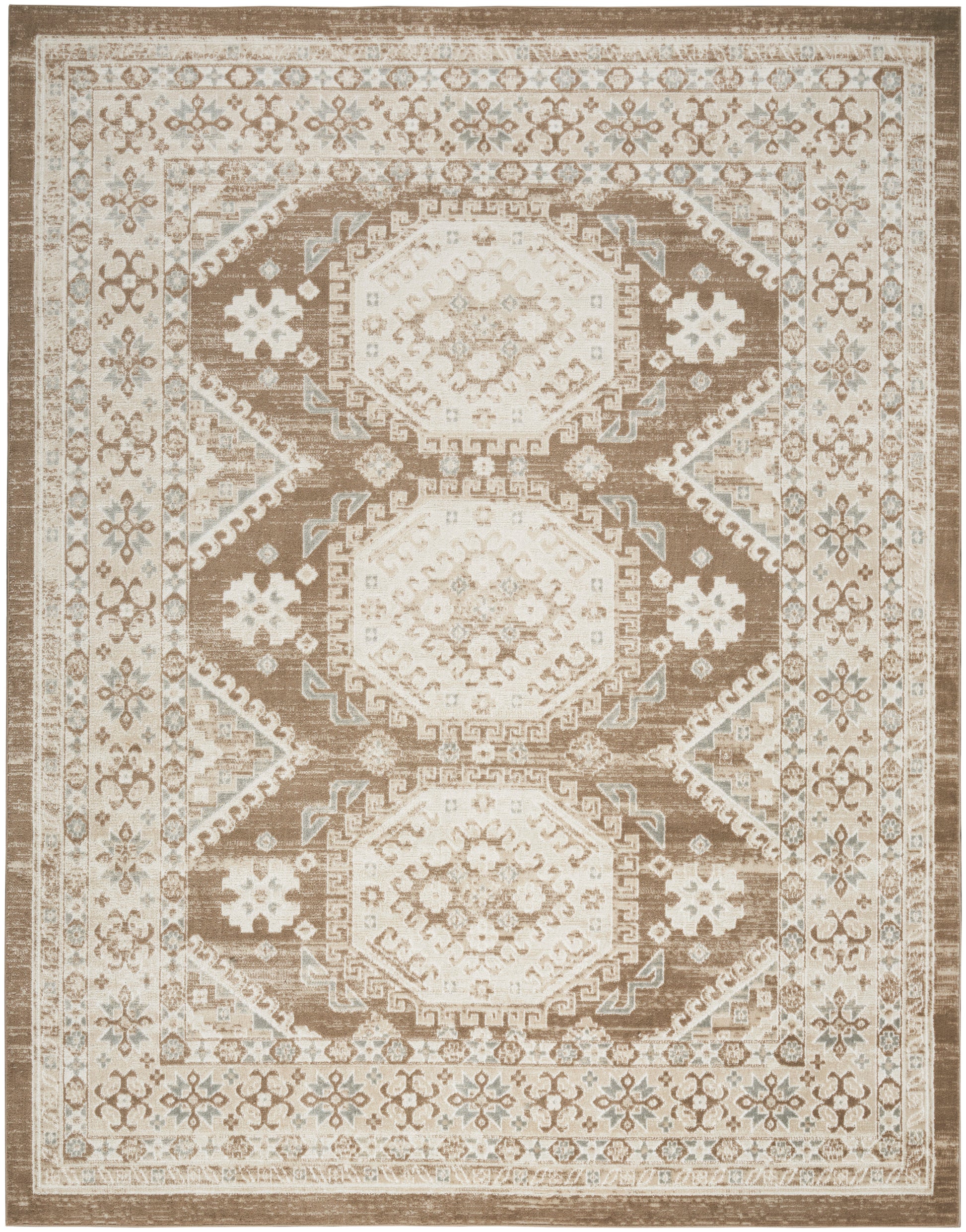 Distressed beige-brown oriental area rug with three central ivory hexagonal medallions and floral border.