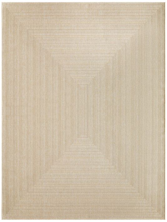 Natural beige woven rug with concentric rectangular steps, creating a geometric, textured surface.