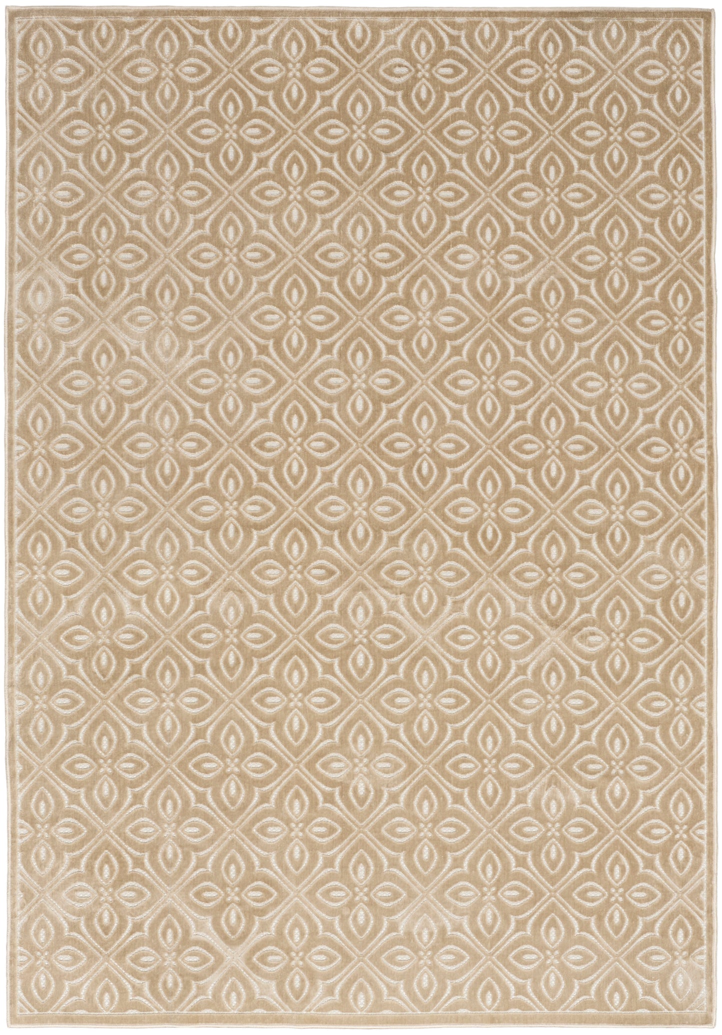 Beige area rug with ivory geometric lattice pattern of repeating diamond/oval shapes; soft, contemporary-traditional style.