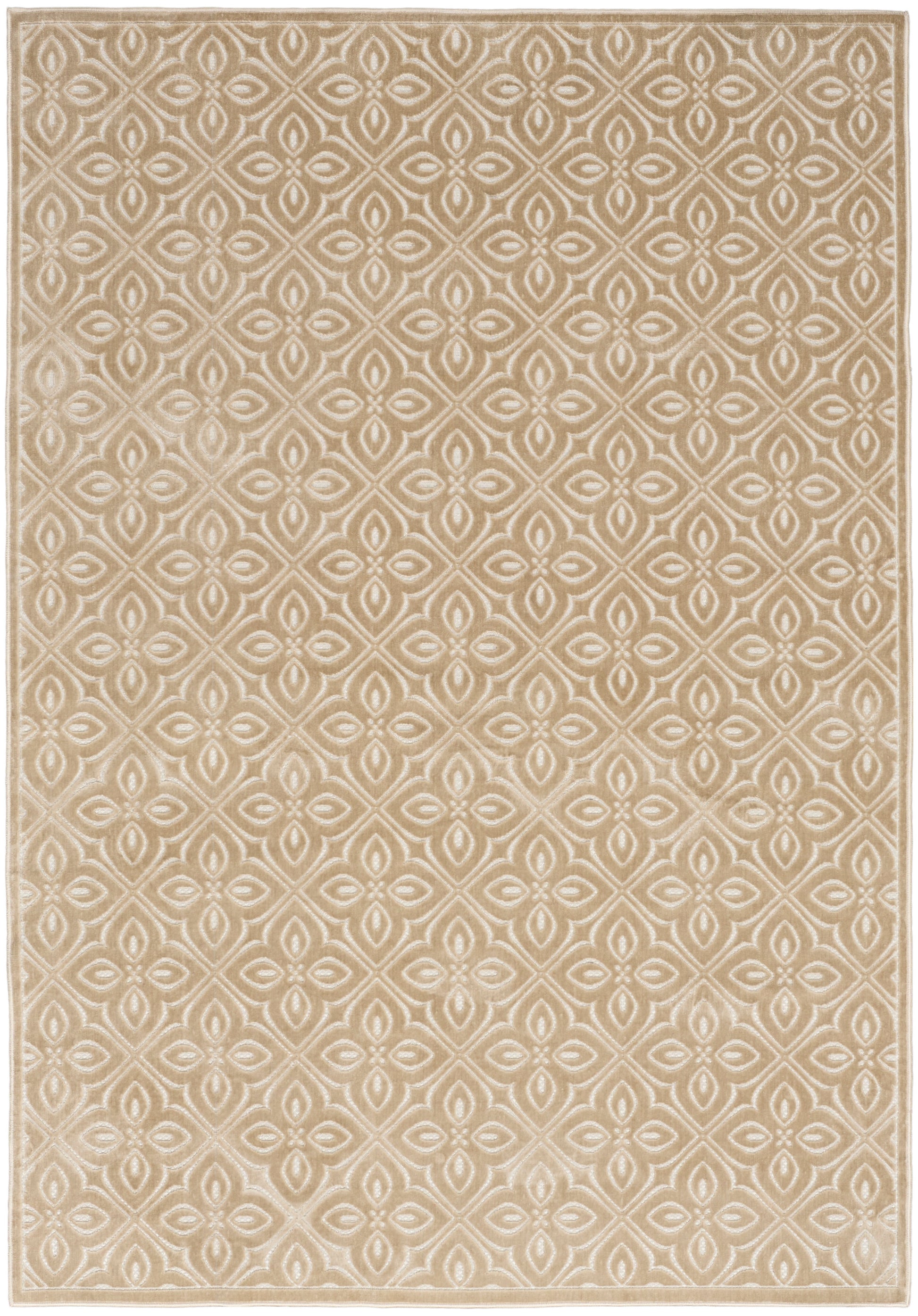 Beige area rug with ivory geometric lattice pattern of repeating diamond/oval shapes; soft, contemporary-traditional style.