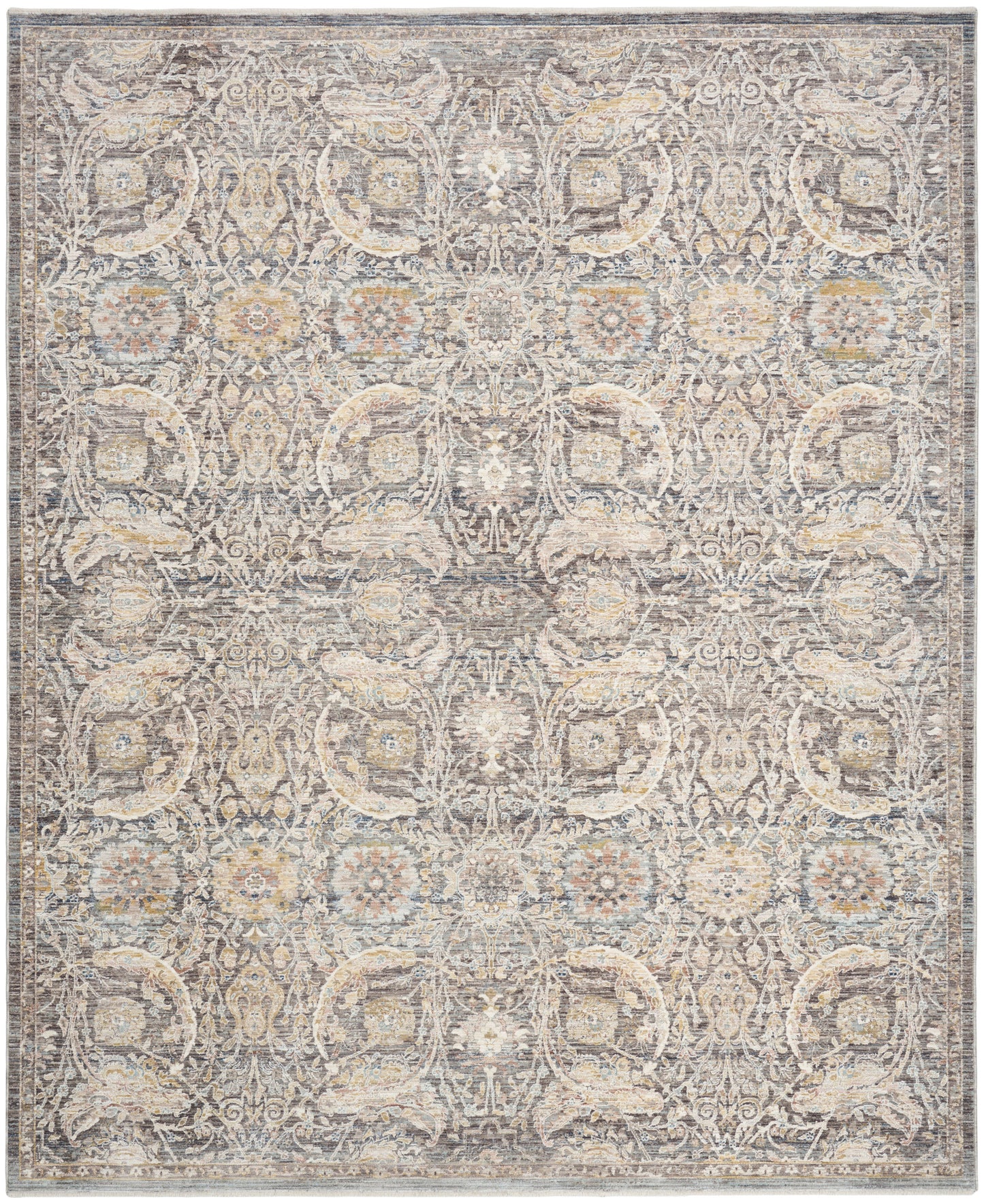 Rectangular distressed vintage-style area rug with repeating damask medallions in gray, beige and ivory.