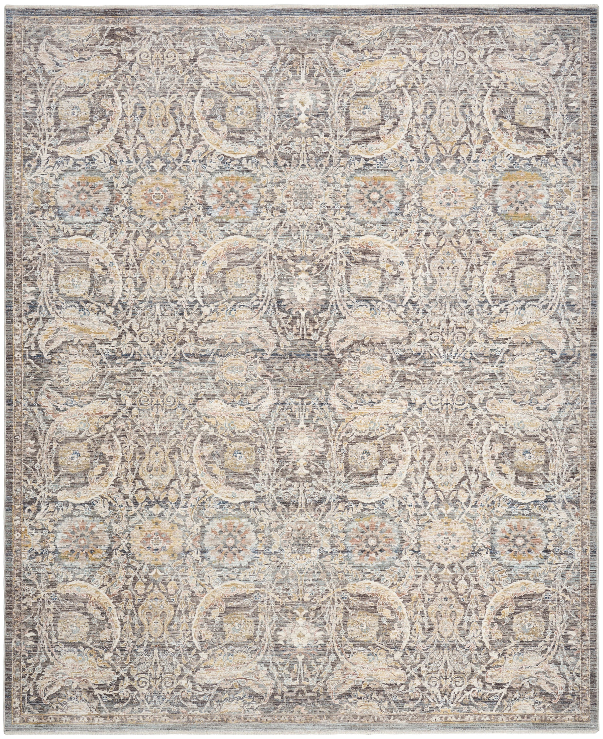 Rectangular distressed vintage-style area rug with repeating damask medallions in gray, beige and ivory.