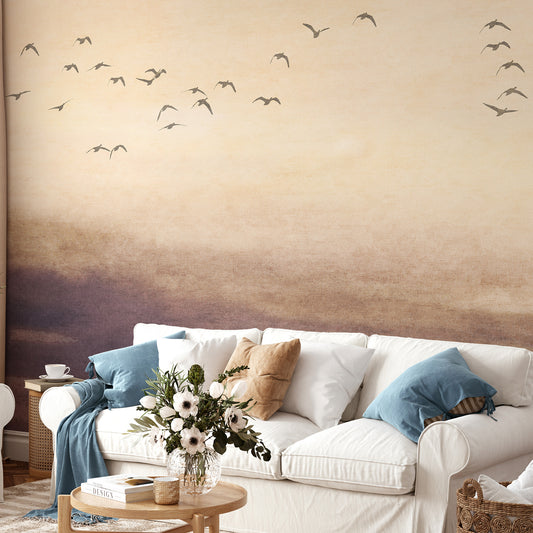 VEER DECOR Silent Sky Beige Wall Mural Animals Transitional Beige  Wallpaper - 8412-VRAED-AM