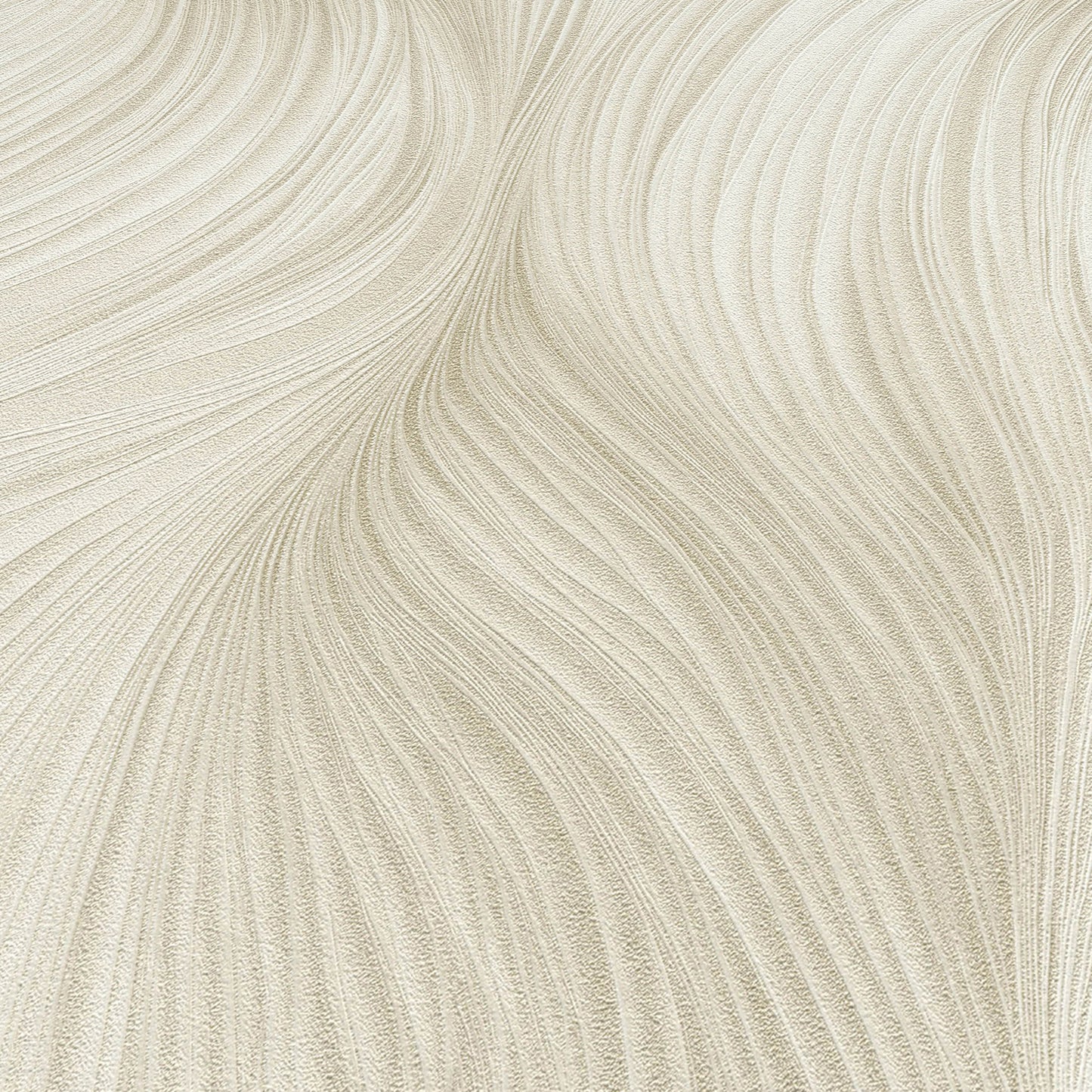 Light beige textured wallpaper with sweeping wavy ridges and a fabric-like, sculpted pattern.
