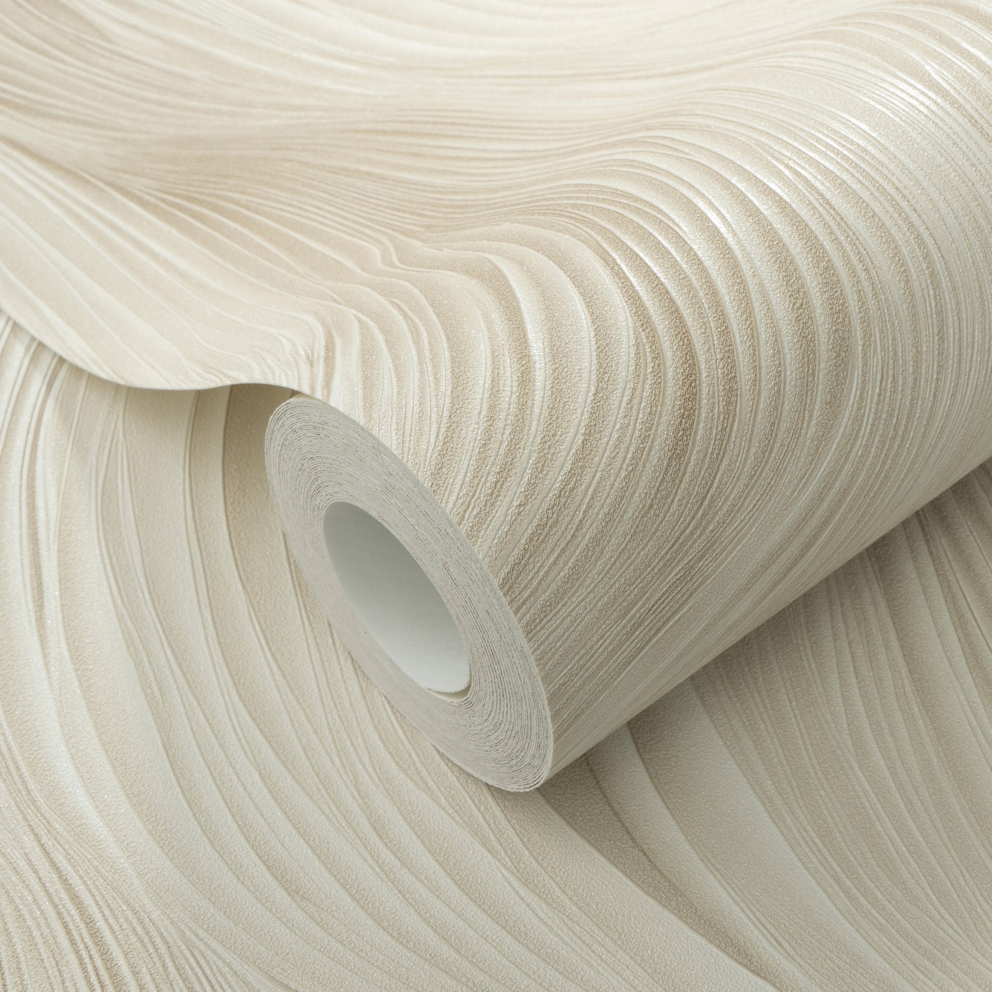 Cream textured wallpaper roll with flowing, raised wave pattern.