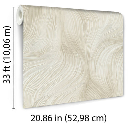 Beige wallpaper with a soft wave pattern; rolled wallpaper for neutral decor, 33 ft x 20.86 in.