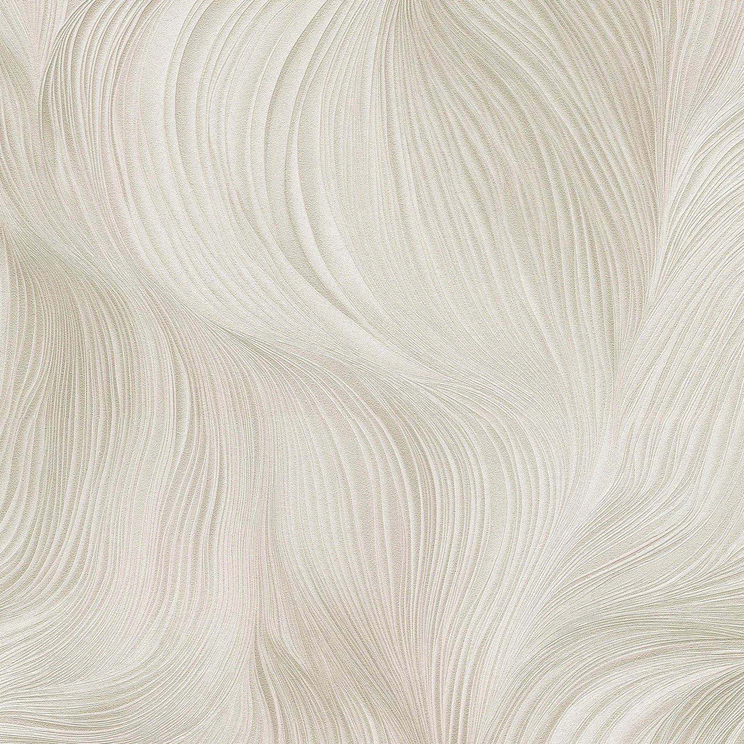 Cream wallpaper with flowing feathered swirls in a soft, textured pattern.