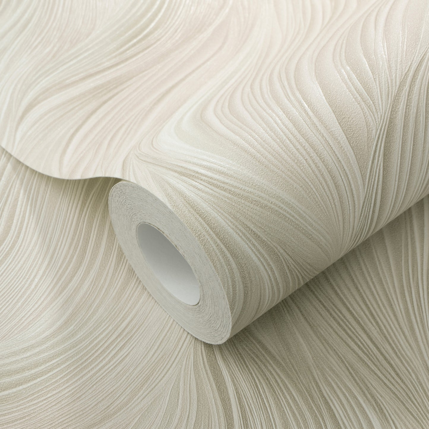 Cream embossed wallpaper roll with flowing wave-like ridges and matte finish.