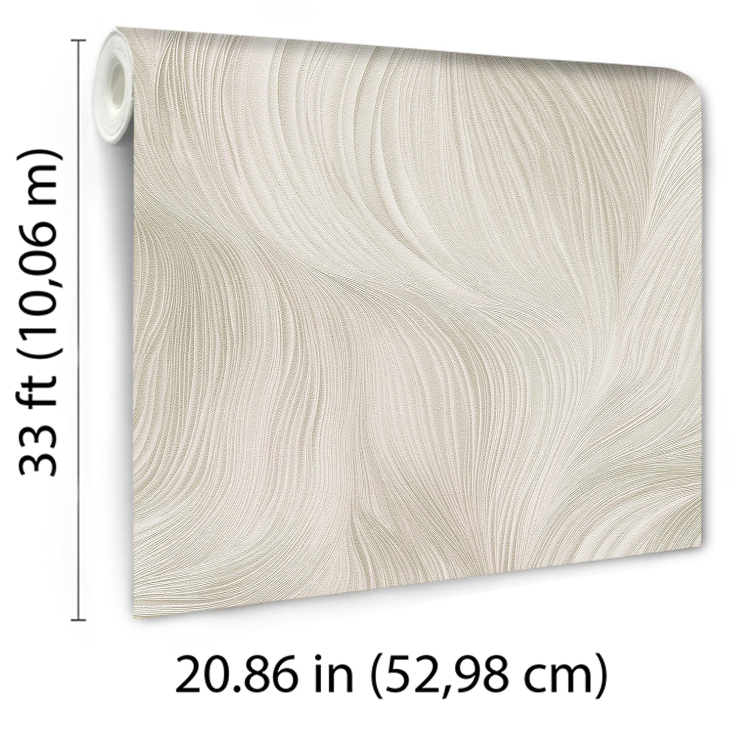Cream wallpaper with flowing, wavy texture in beige; rolled edge visible, modern abstract wallcovering.