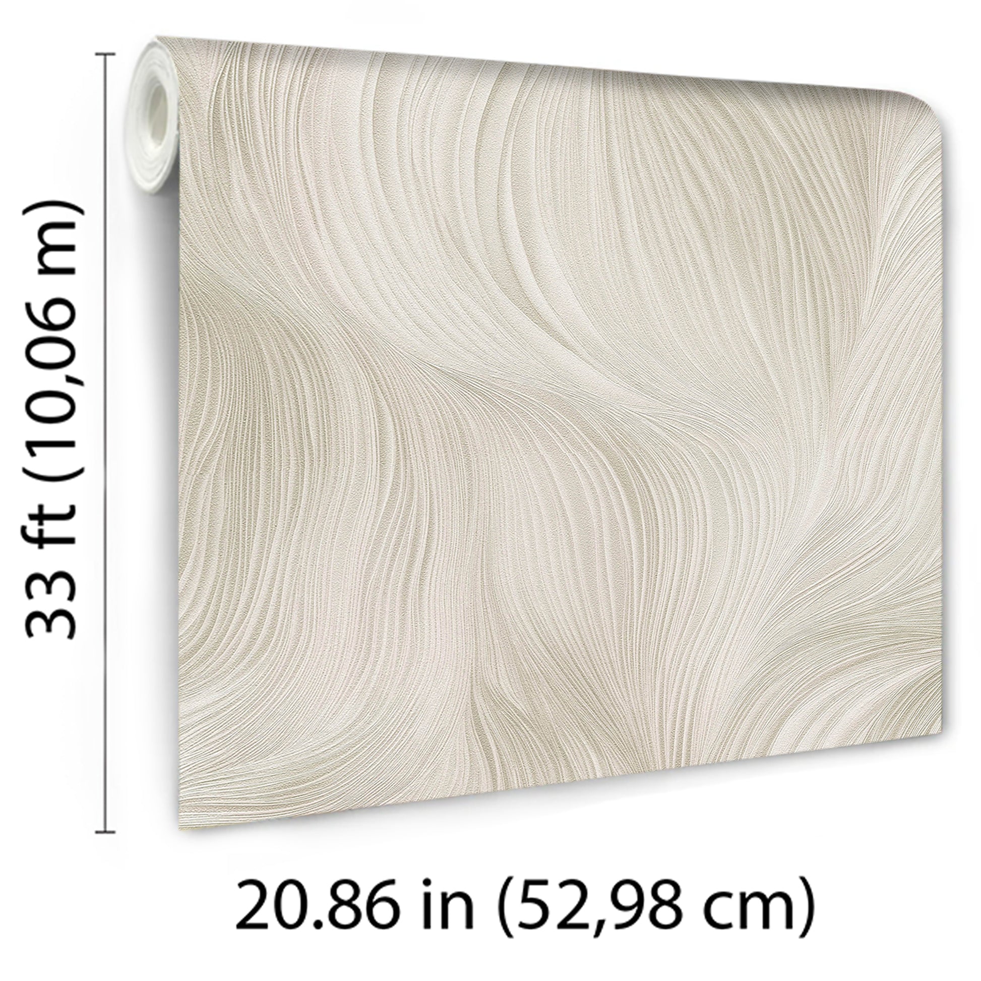 Cream wallpaper with flowing, wavy texture in beige; rolled edge visible, modern abstract wallcovering.