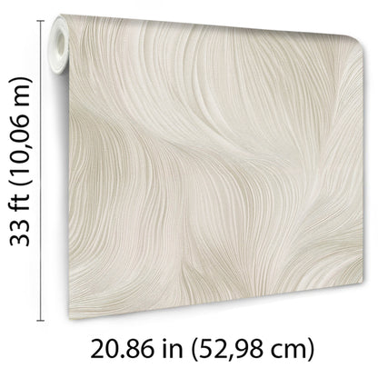 Cream wallpaper with flowing, wavy texture in beige; rolled edge visible, modern abstract wallcovering.