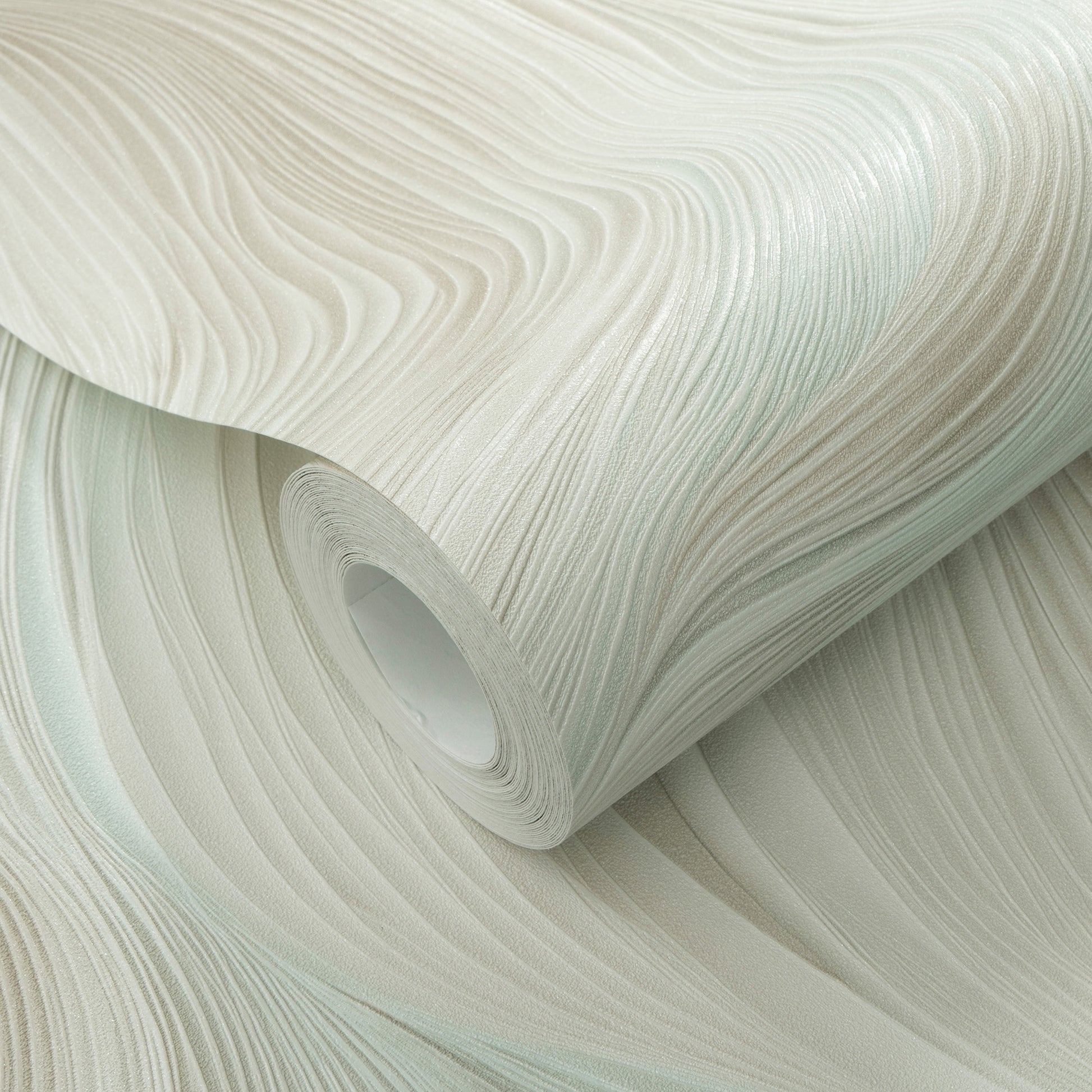 Teal textured wallpaper roll with flowing wavy grooves and satin sheen.
