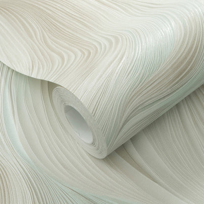 Teal textured wallpaper roll with flowing wavy grooves and satin sheen.