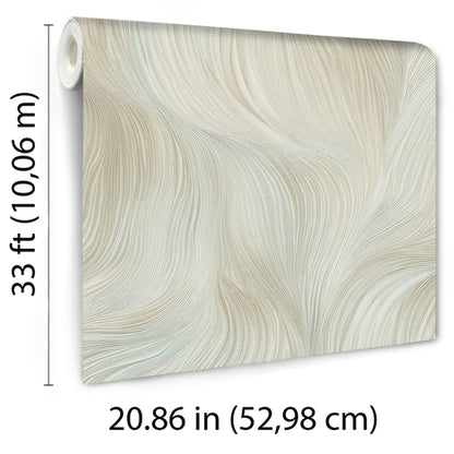 Cream-beige and pale blue swirling wallpaper panel with flowing lines and a fabric-like texture.
