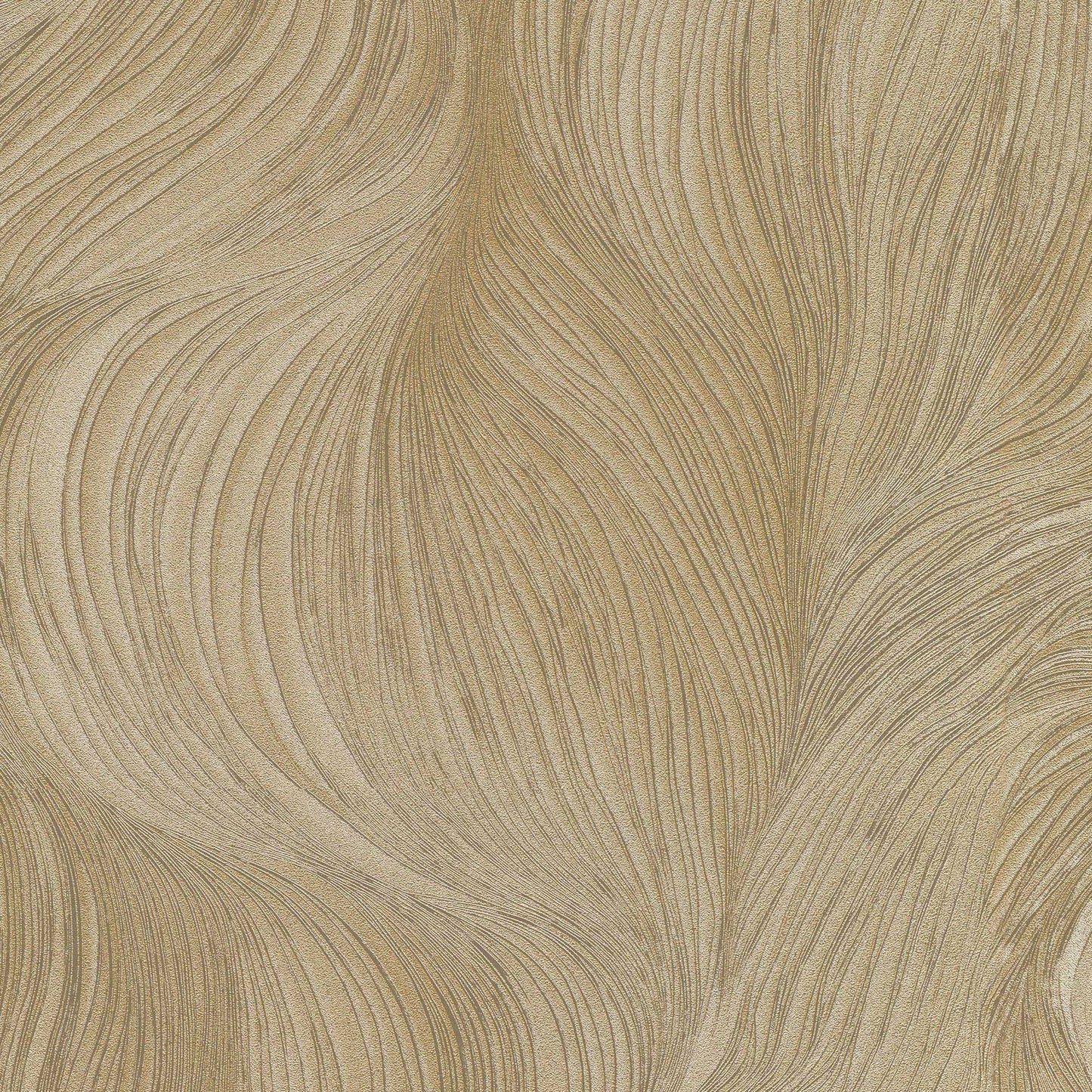 Beige & gold wallpaper with flowing, wavy, feather-like lines; textured decorative wall covering.