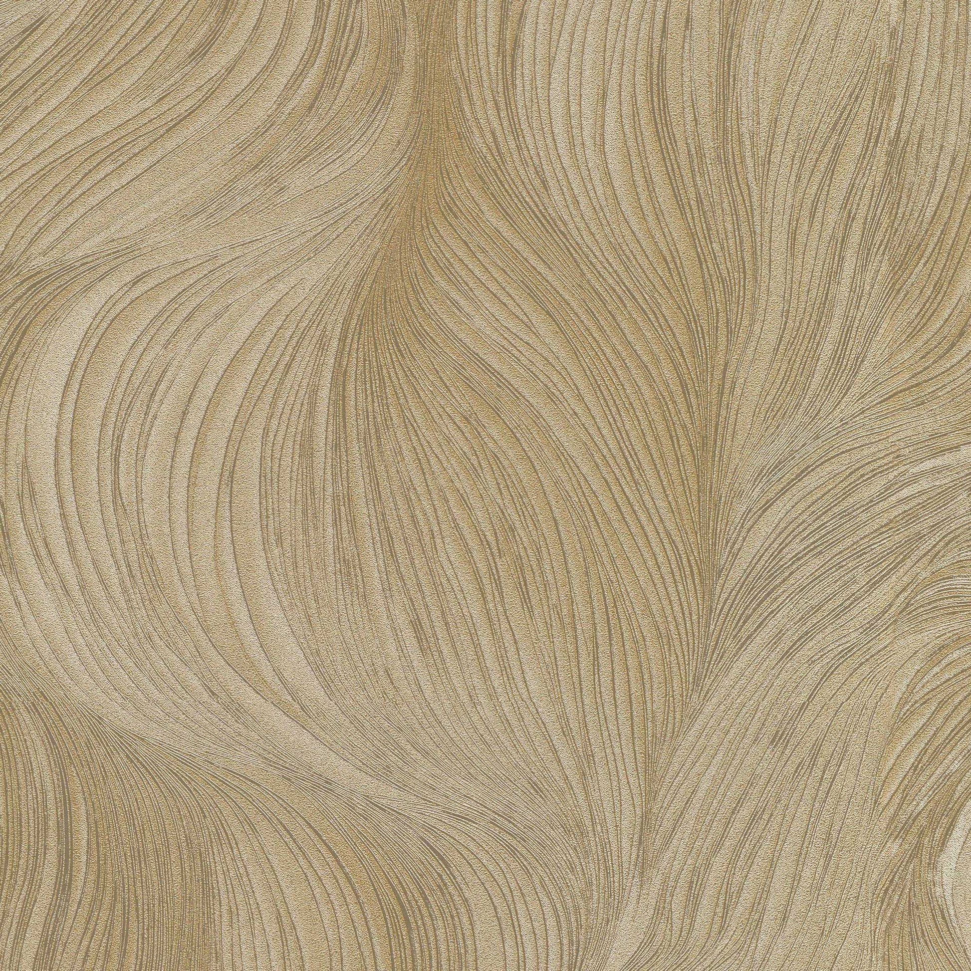 Beige & gold wallpaper with flowing, wavy, feather-like lines; textured decorative wall covering.