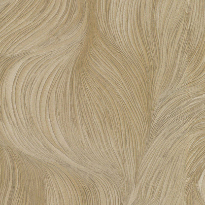 Beige & gold wallpaper with flowing, wavy, feather-like lines; textured decorative wall covering.