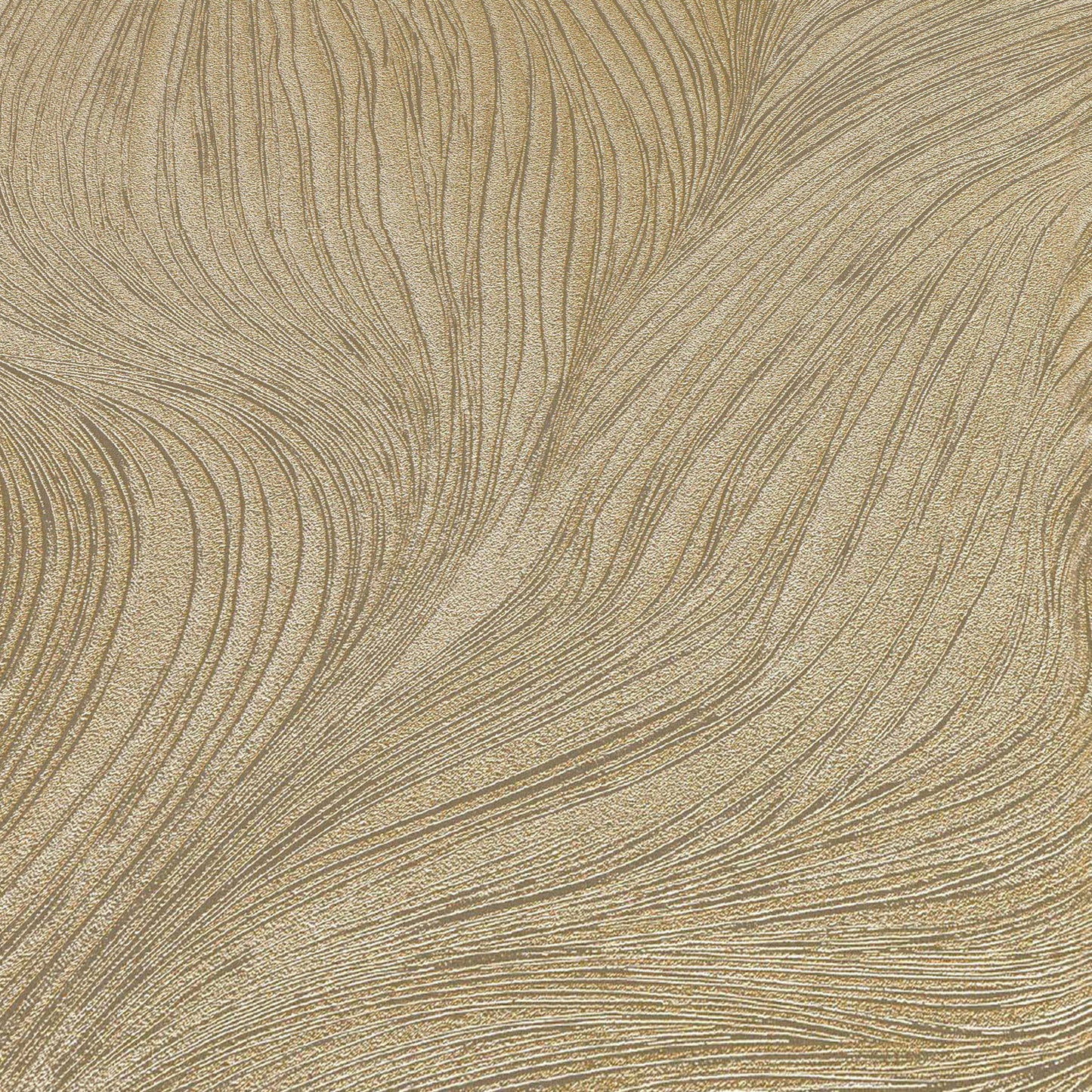 Beige-gold textured wallpaper with flowing, curved metallic lines; luxurious gold wallpaper pattern.