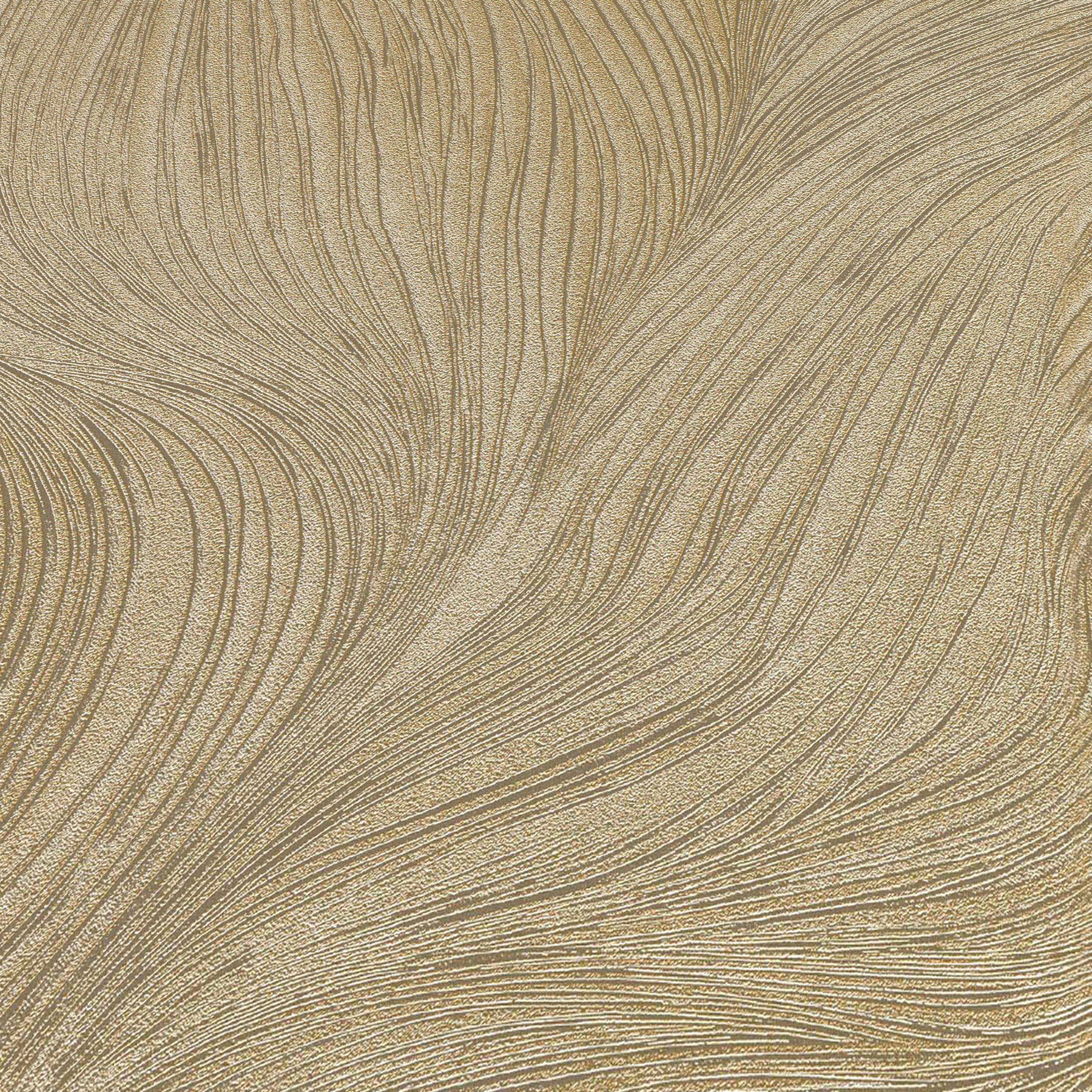 Beige-gold textured wallpaper with flowing, curved metallic lines; luxurious gold wallpaper pattern.