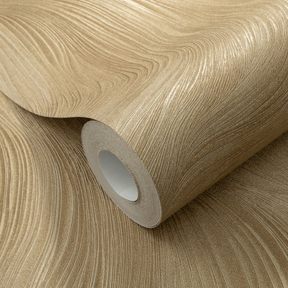 Beige-gold textured wallpaper roll with wave pattern, curled edge and visible inner core.