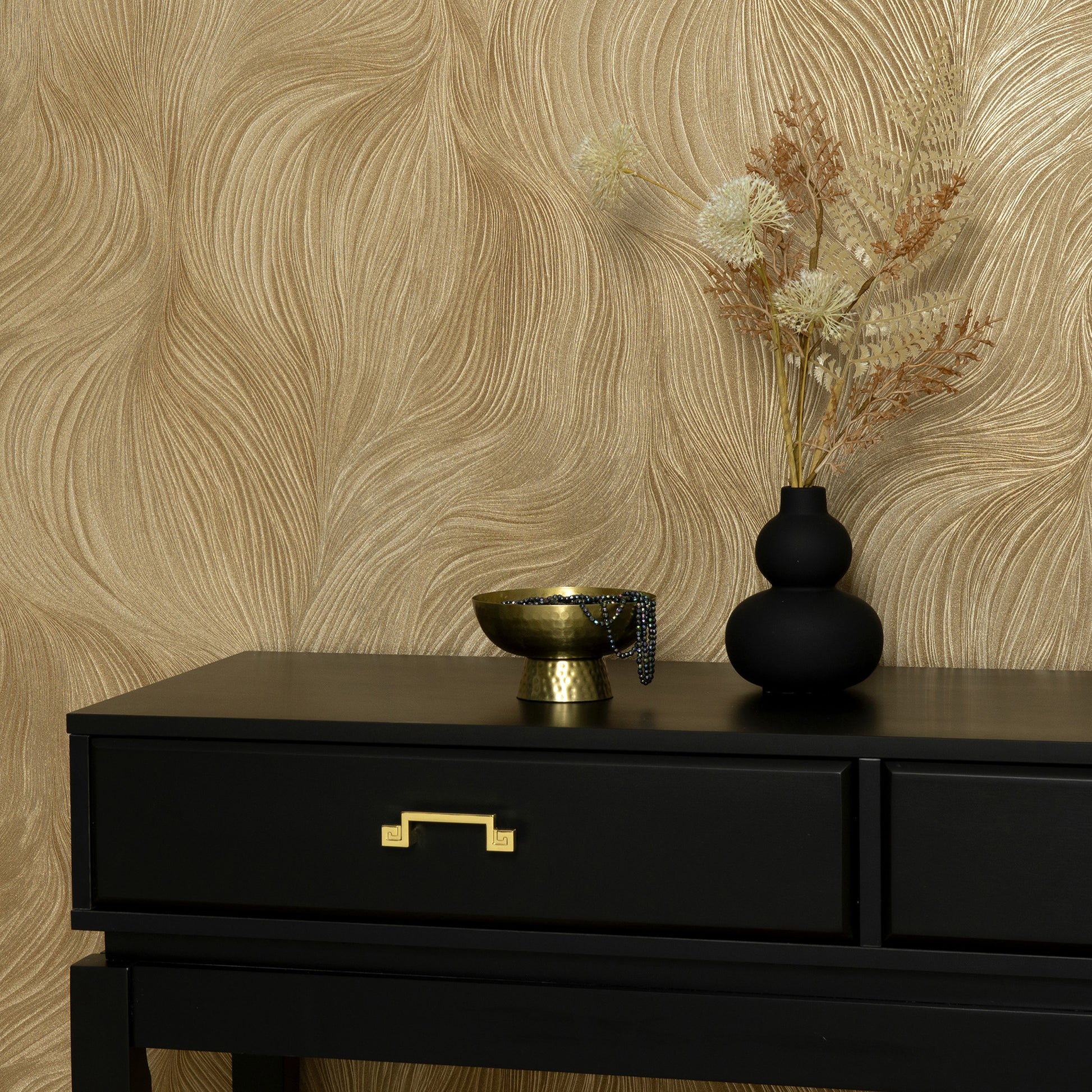 Waves of Light gold wallpaper pattern with a subtle textured background.