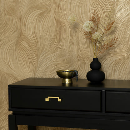 Waves of Light gold wallpaper pattern with a subtle textured background.