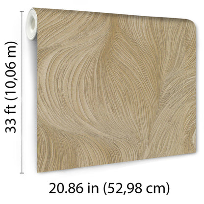 Gold wallpaper with waves of light pattern in beige-gold tones; flowing swirls, abstract design. 20.86 in wide by 33 ft tall.
