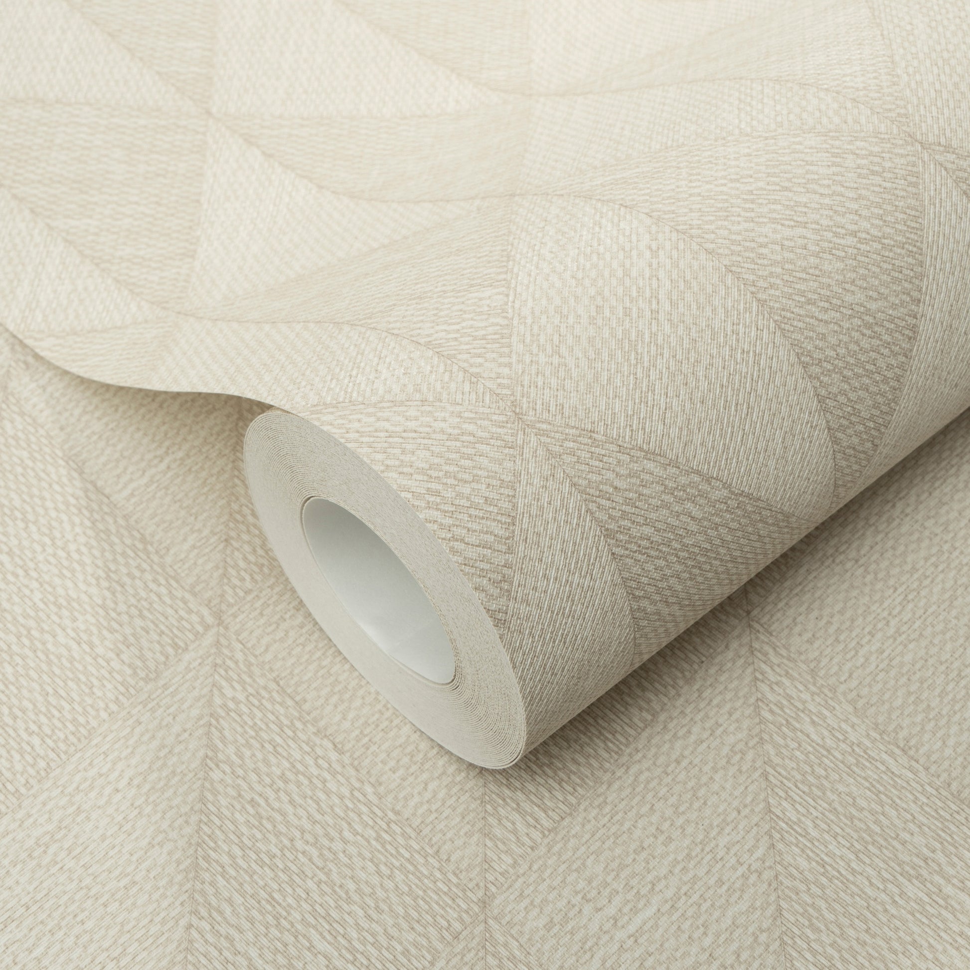 Beige textured wallpaper roll with a subtle geometric diamond pattern and fabric-like weave.