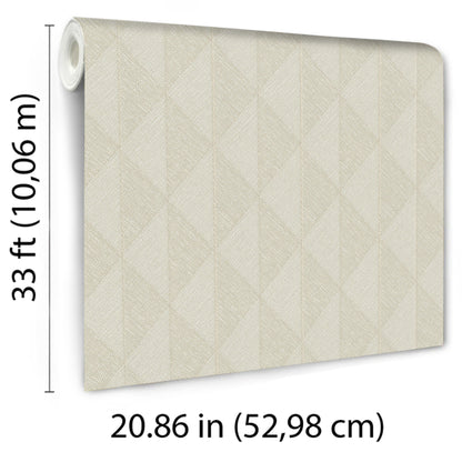 Beige wallpaper roll with a subtle diamond pattern; 33 ft long by 20.86 in wide, ideal for walls.