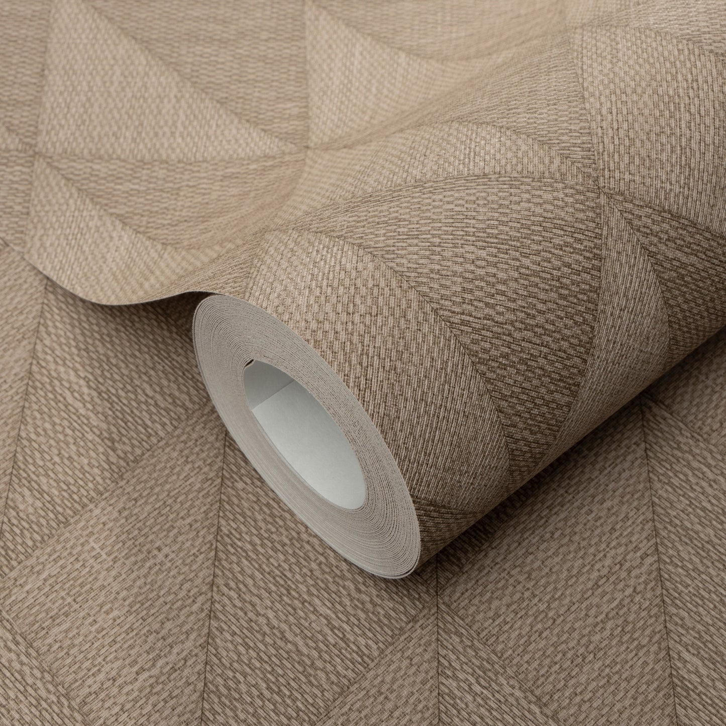 Brown geometric textured wallpaper roll with woven pattern and diamond shapes; fabric-like wall covering.