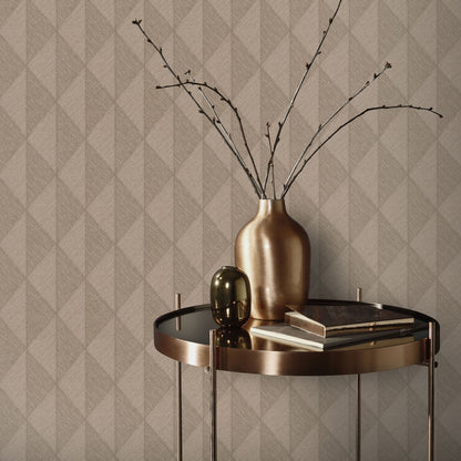 Brown wallpaper with a woven diamond pattern.