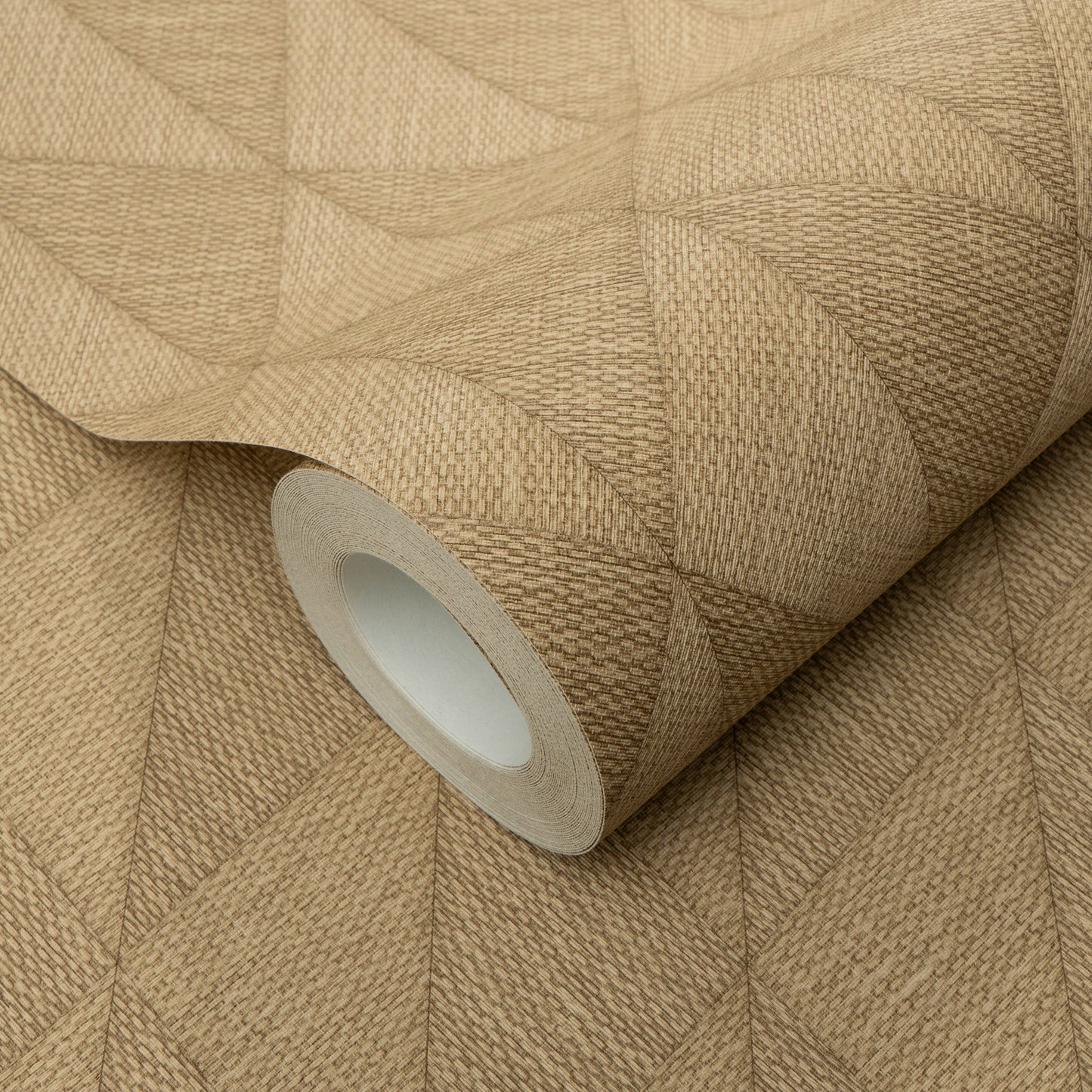 Yellow wallpaper roll with a woven diamond pattern, subtle texture, and rolled edge.