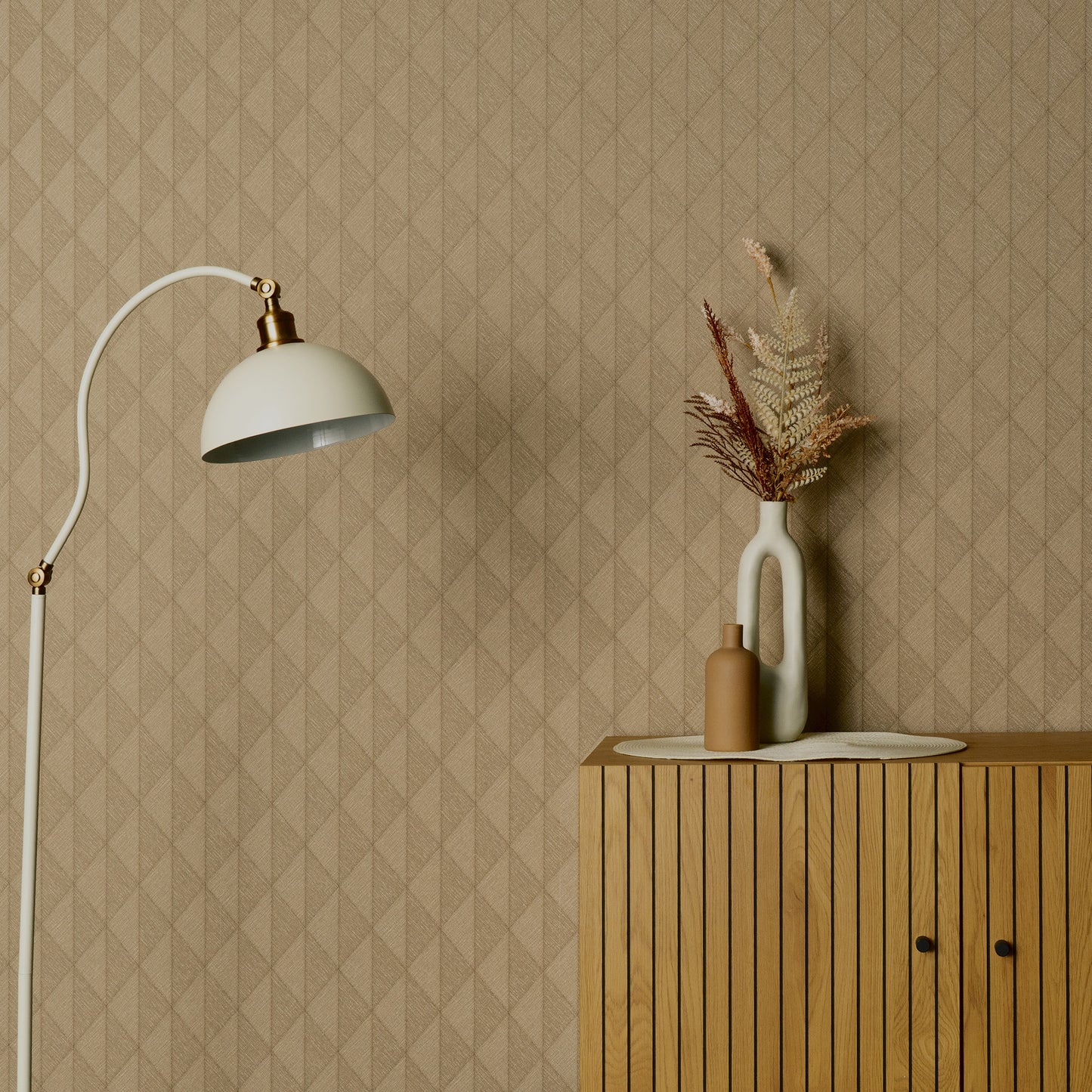 Whisper Yellow wallpaper featuring a woven diamond pattern; soft yellow wallpaper swatch.