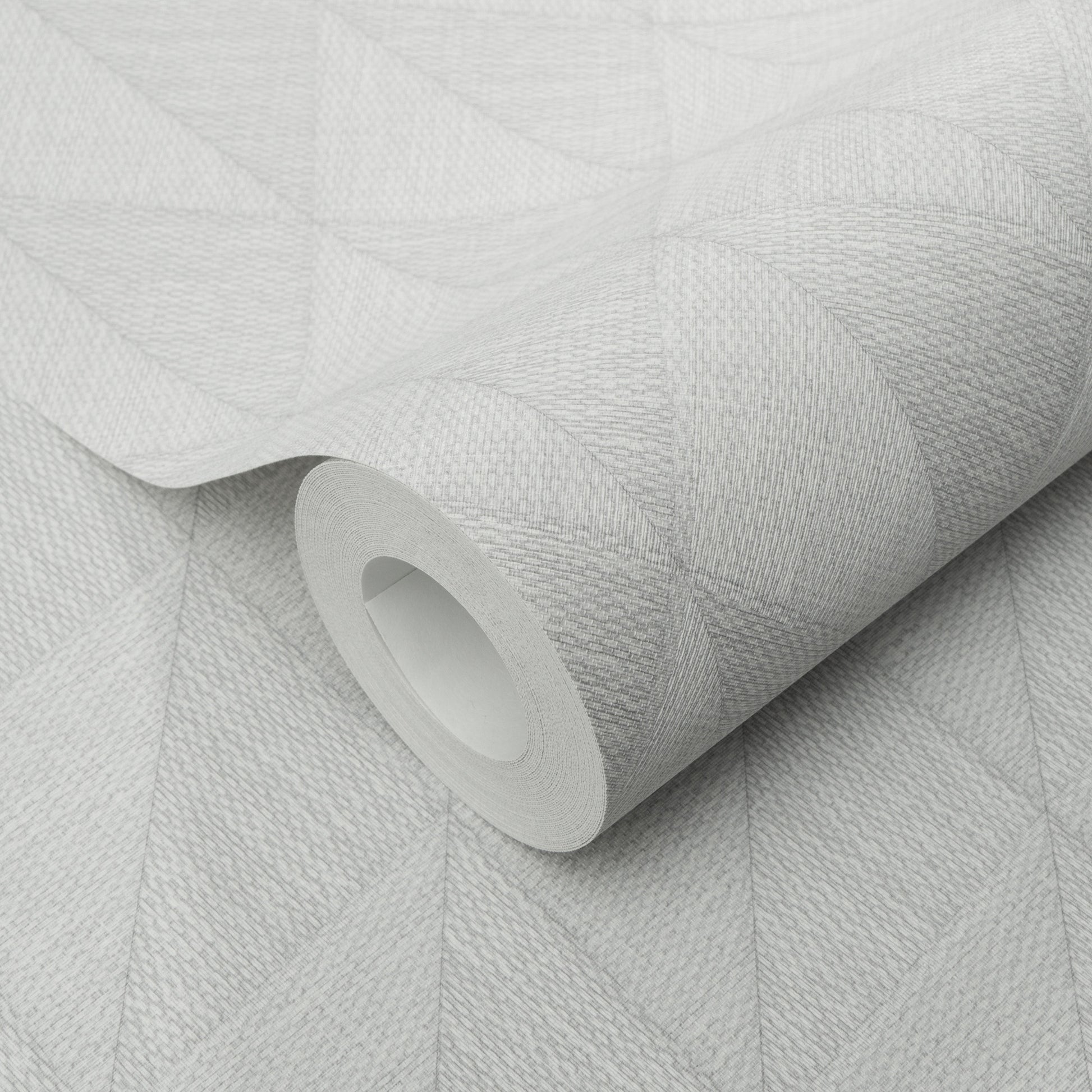 Light gray textured wallpaper featuring a subtle geometric diamond pattern, rolled on a white core.