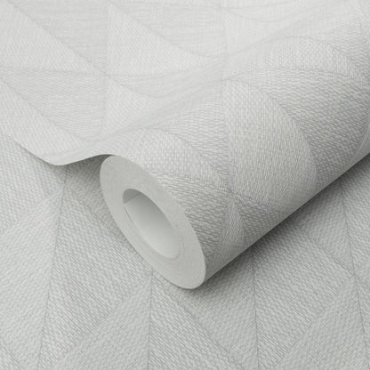 Light gray textured wallpaper featuring a subtle geometric diamond pattern, rolled on a white core.
