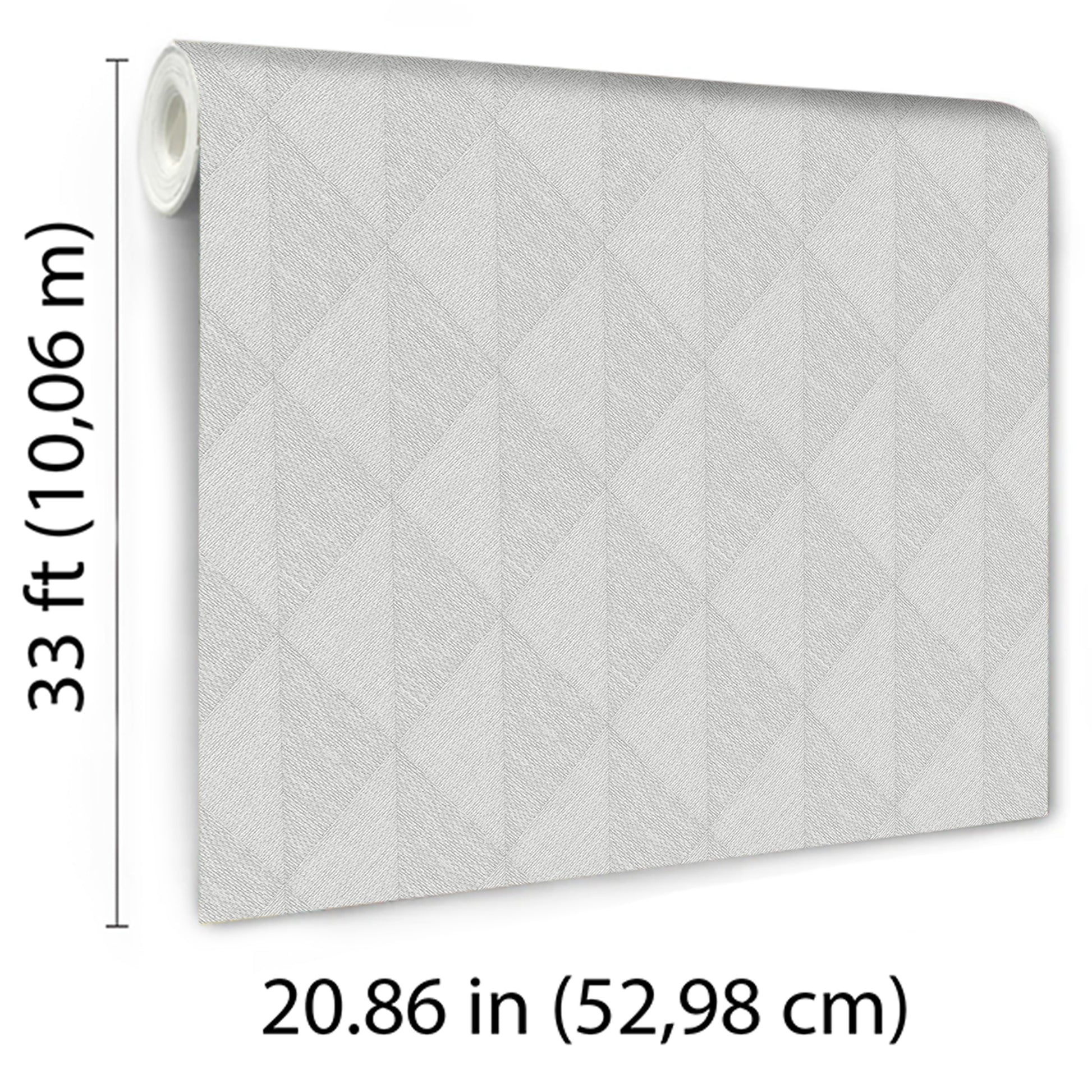 Light gray diamond-pattern wallpaper roll with subtle texture; vinyl, 33 ft long, 20.86 in wide.
