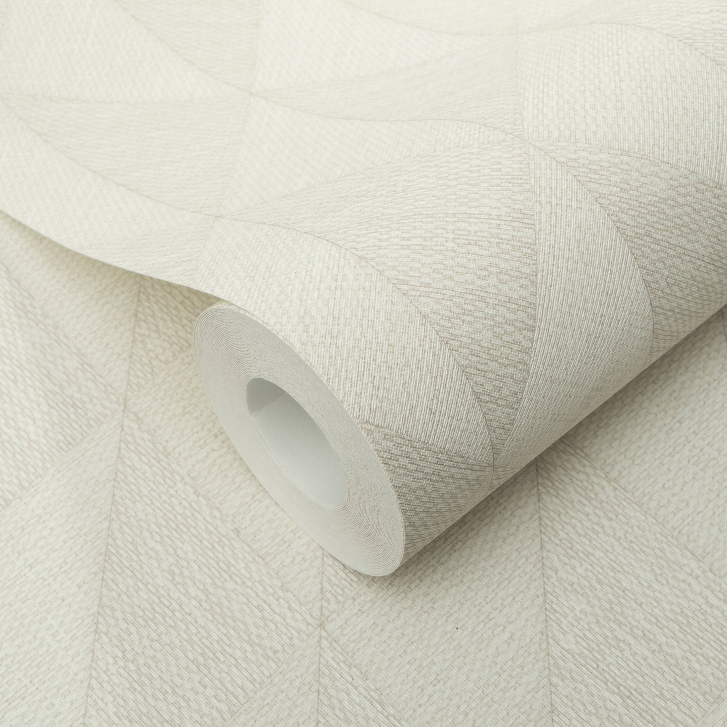 Taupe textured wallpaper roll with geometric diamond/chevron pattern and woven look