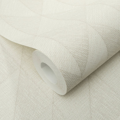 Taupe textured wallpaper roll with geometric diamond/chevron pattern and woven look
