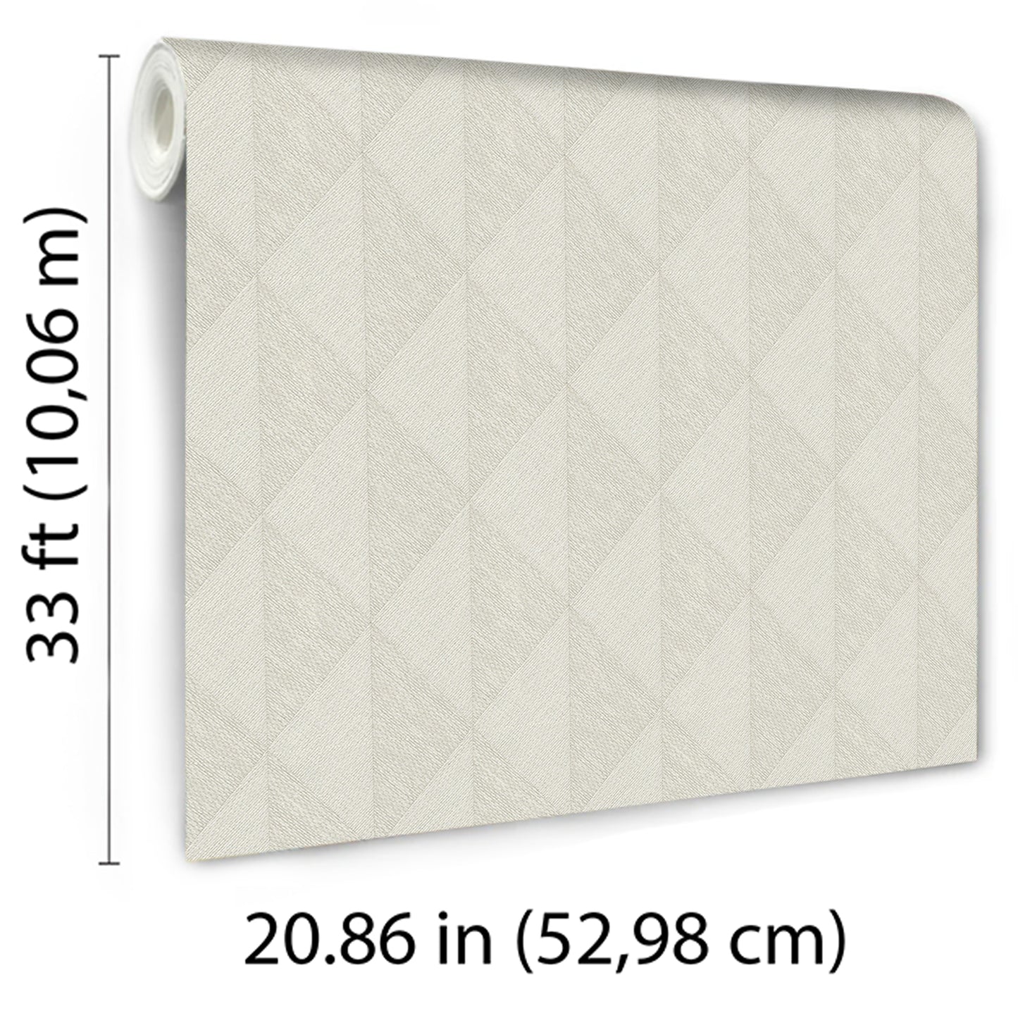 Taupe woven diamond wallpaper roll with subtle textured finish; rolled at left, 52.98 cm wide, decorative wall covering.