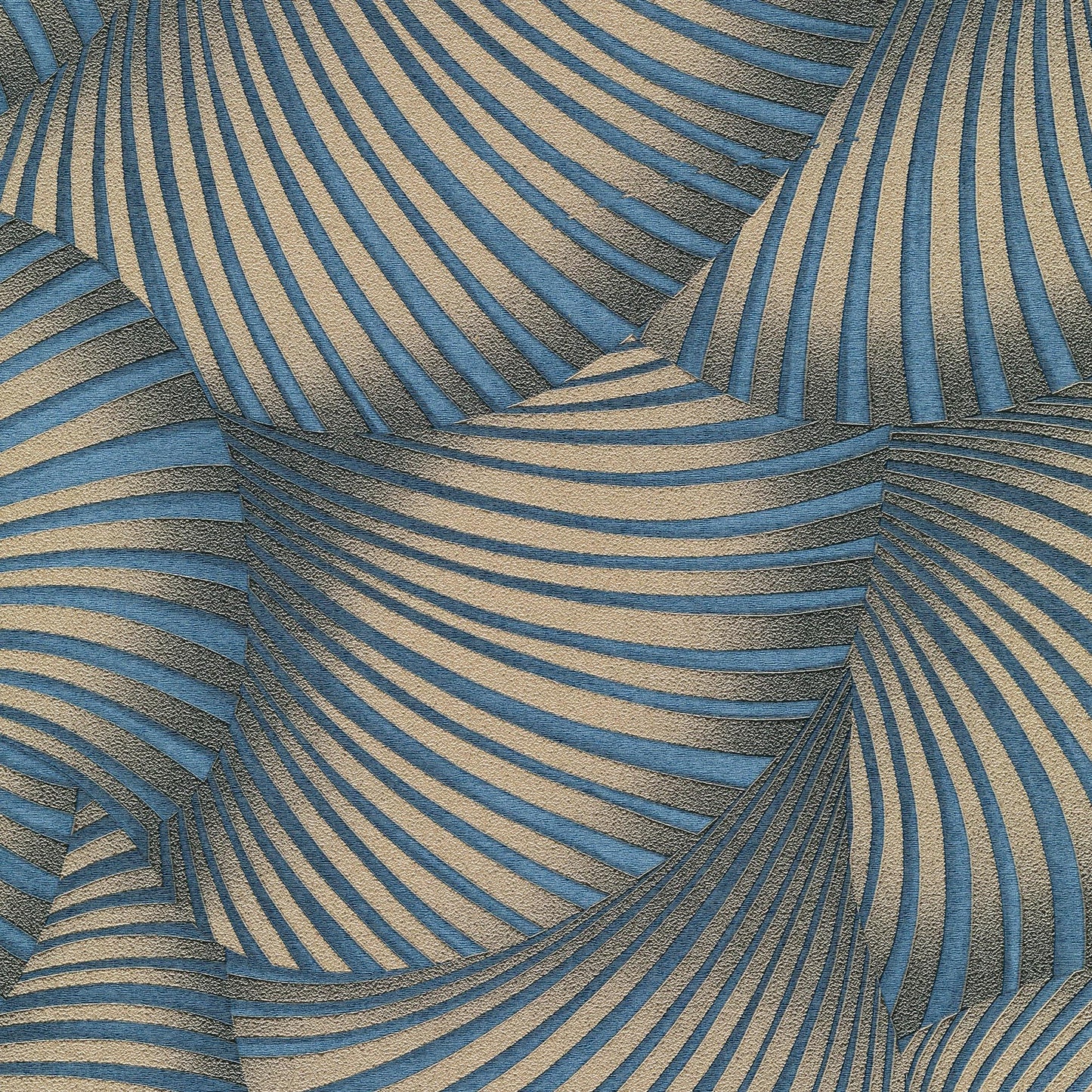 Close-up of blue wallpaper showing twill texture with curved striped pattern.