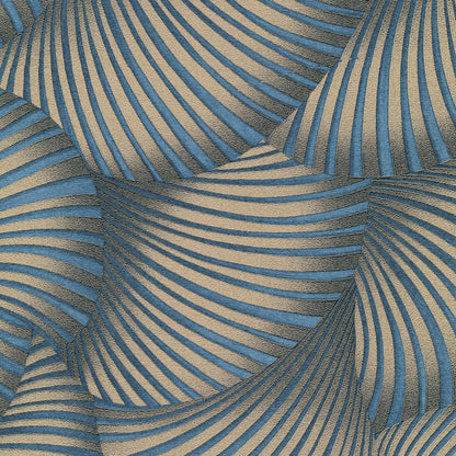 Close-up of blue wallpaper showing twill texture with curved striped pattern.