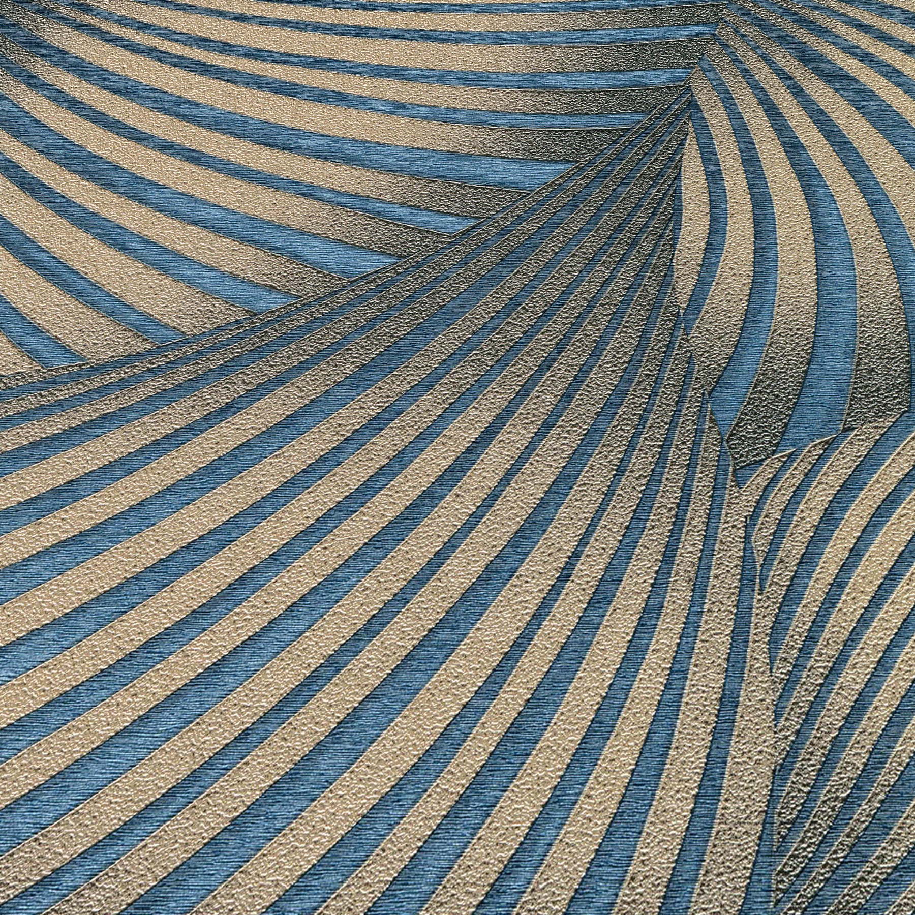 Blue and tan striped twill-style wallpaper with wavy curved lines; textured wall covering.