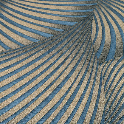 Blue and tan striped twill-style wallpaper with wavy curved lines; textured wall covering.