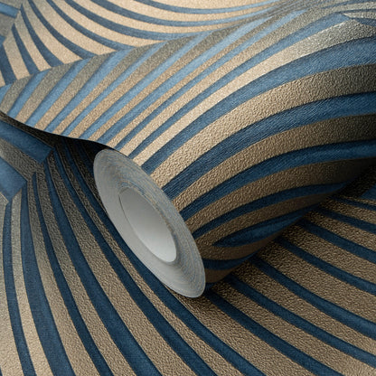 Roll of blue twill wallpaper with a textured finish and exposed core